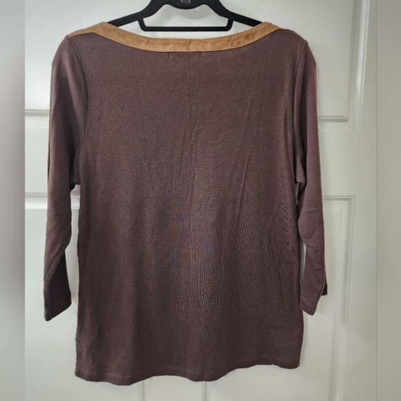 Ralph Lauren Chocolate Brown & Tan Suede Collar 3/4 Sleeve 100% Cotton Top L - Picture 3 of 7